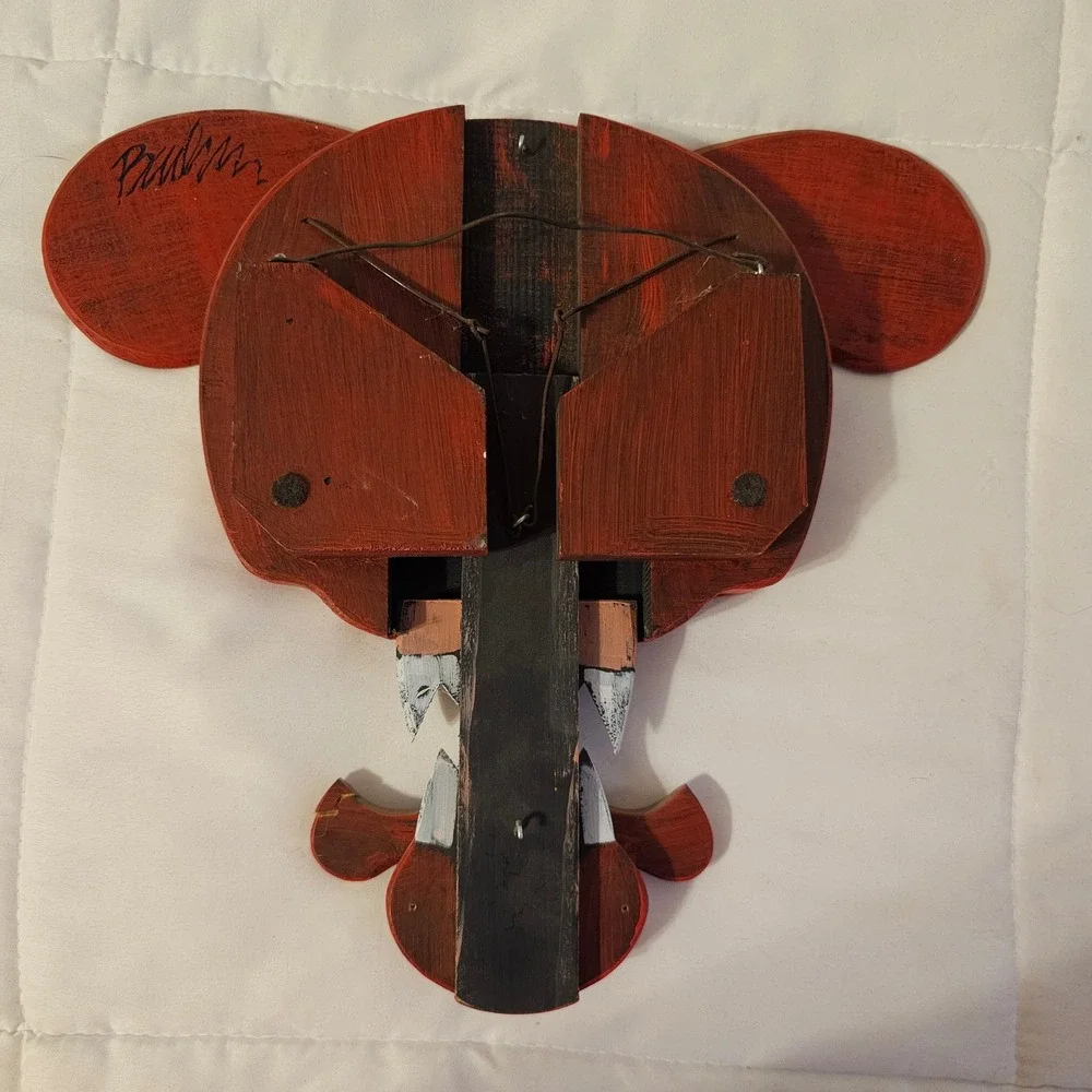 Rare Folk art wooden Guard Dog Wall Decor Red Whimsical Rustic Mouth‎ Open Teeth